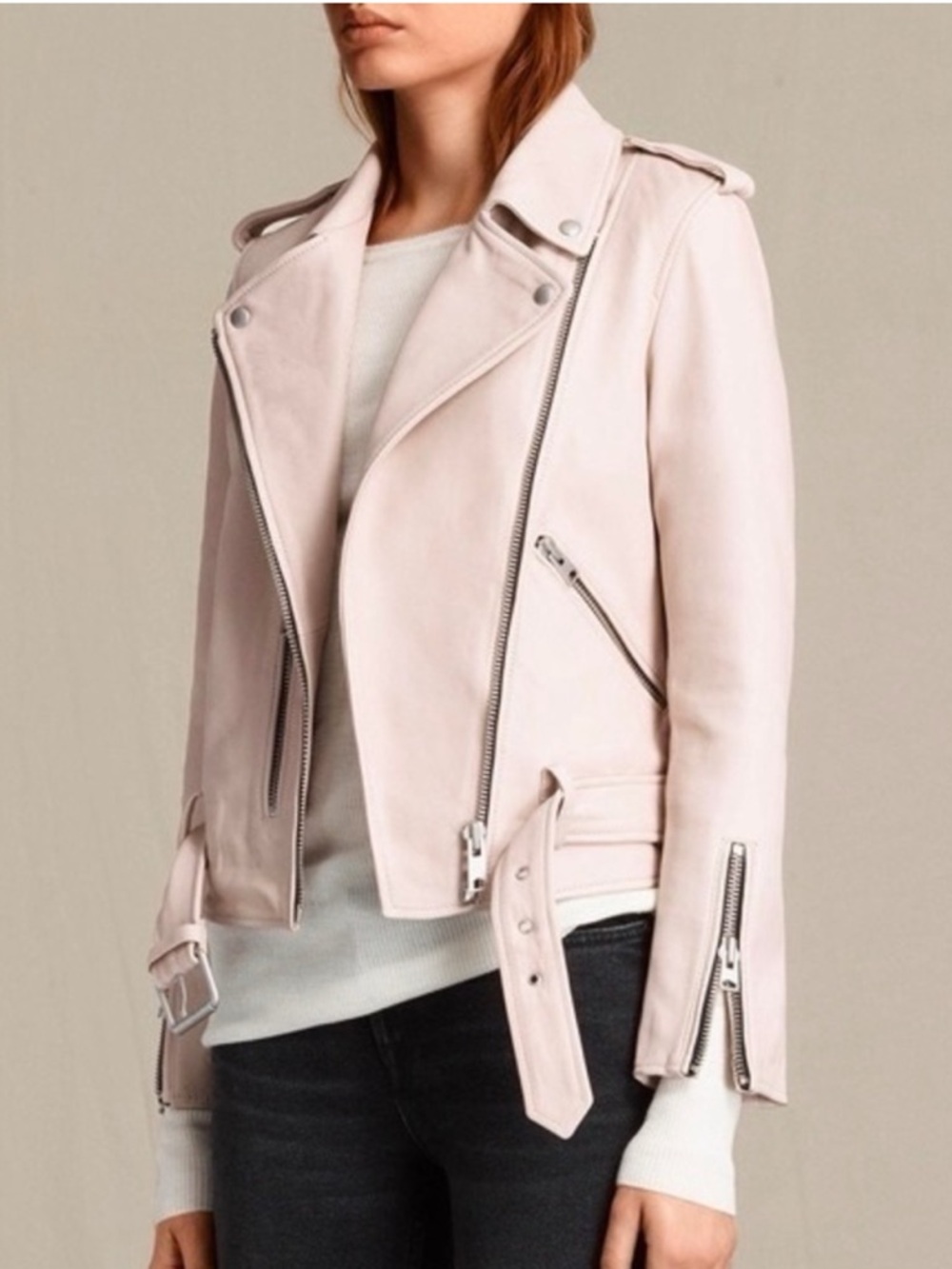 All Saints Balfern Pale Blush Leather Biker Jacket